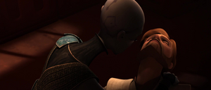 Moments later, Ventress managed to wake up the unconscious Jedi by slapping him.