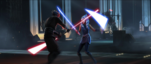 The two fight a lightsaber duel in the throne room.