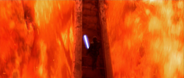 As the arm began to topple over the lava fall, Vader swung back onto it and charged along its length.