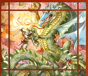 The dragon clings to George's shield after losing the end of his tail.