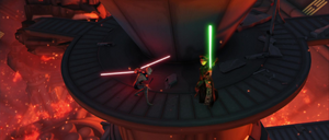 The lightsaber battle continued though the reactor room.