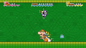 Dimentio fighting Bowser in the Dimension D.