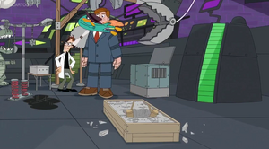 Doof and Norm watching as Perry goes through every trap that they've planted to defeat him.