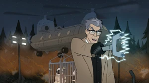 Trout points his shock rod and threatens Grizz and the other bears while the helicopter airlifts both Panda and Ice Bears' cells... but Grizz throws the axe to Ice Bear's cell.