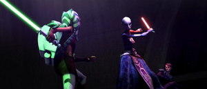 Ahsoka tries to fight Ventress while her master is disarmed.