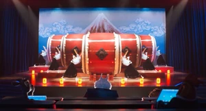 Cranes banging on the drums during the audition.