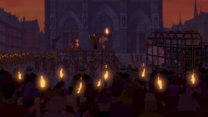 The soldiers detaining the gypsies in cages as Frollo initiates Esmeralda's execution.