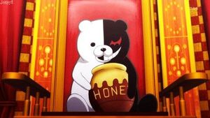 Monokuma eating from a bucket of honey.