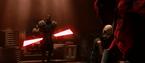 Ventress dodged around Opress' and Maul's blades.