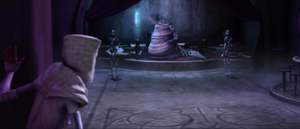 Senator Padmé Amidala eluded her IG-86 sentinel droid escort and infiltrated Ziro the Hutt's throne room.