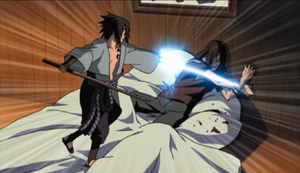 Sasuke attempts to kill Orochimaru after betraying him.