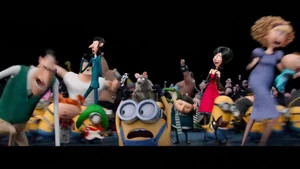 Scarlet and Herb being scared by T-Rex, along with the rest of the cast during the musical number "Revolution".