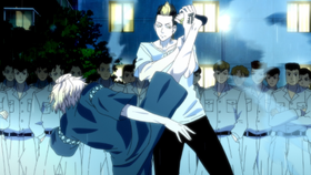 Hanma blocks Mikey's signature kick, demonstrating his strength.