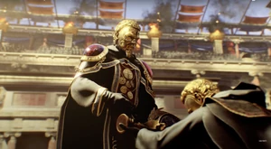The Order Member giving The High Priest of Chaos the Ra Sentinel Artifact.