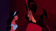Jafar being confronted by Jasmine for arresting Aladdin as she witnessed his arrest.