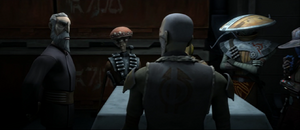 Dooku, Moralo Eval, Cad Bane and his team, consisting of Obi-Wan, Embo, Derrown and Twazzi, claim possession of a small hangar in Theed by murdering the mechanics inside.