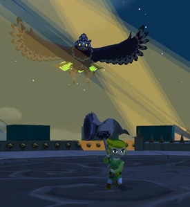 Link fighting the Helmaroc King at the top of the Forsaken Fortress.