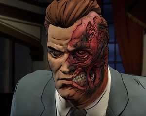 Two-Face's evil stare after Batman arrives to confront him at Wayne Manor. (determinant)