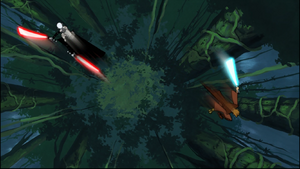 Skywalker and Ventress leap through the air to attack each other.