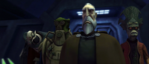 Count Dooku with General Grievous, Wat Tambor and Nute Gunray on a bridge.