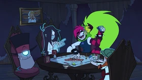 Emilia plays Villainopoly together with Demencia, a Hat Bot head, and another ghost child.
