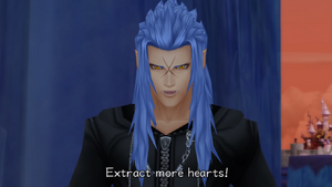 Saïx encouraging Sora to continue attacking the Heartless.