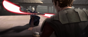 The infuriated Ventress immediately retaliated, forcing Skywalker backward.