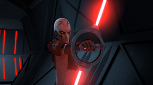 The Grand Inquisitor ignited a setting on his double-bladed lightsaber that allowed it to spin on a disc.