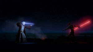 Maul fights Kenobi for the last time on Tatooine.