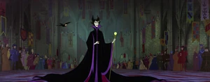 Maleficent having arrived at the christening of Princess Aurora.