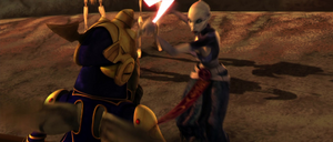 Ventress moved to kill the king with her paired lightsabers.