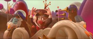 King Candy seeing that Ralph and Vanellope disappeared.