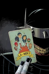 The Batman Who Laughs with his card.