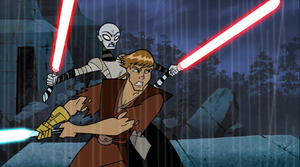 Asajj fighting Anakin on top of the temple.