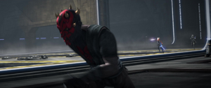 Maul appeared inside the hangar, also attempting to escape the crashing Star Destroyer as Rex and Tano continued to fight the remaining clones, Maul ran past them, and, noticing Maul running past them and Tano notified Rex then chased after Maul and allowed Rex to deal with the rest of them as he followed her.