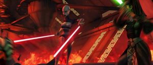 Tano freed Unduli and returned her lightsaber in time for them both to defend against Ventress, who attacked them simultaneously.