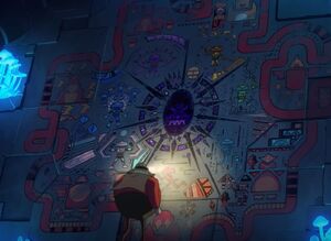 A mural depicting a prophecy, presumably one where Trip's people seal the dragon through the powers of the Chaos Emeralds.