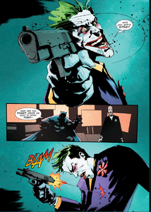 Joker fires a trick gun and shoots himself.