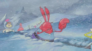Mr. Krabs walking in Antarctica.