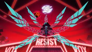 Vox summoning wings with hypnotizing eyes, showing off his power to intimidate the angels.