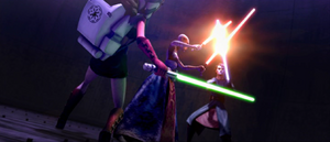Ahsoka is pushed aside and Ventress turns to fight Skywalker.