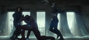 Bucky and Steve battling Iron Man for the last time.