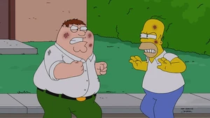 Peter Griffin fighting Homer Simpson.