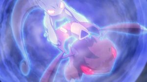 Red Genesect paralyzed telekinetically by Mewtwo.