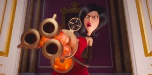 Scarlet's evil glare, as she taking aim at the Minions for taking her turf to steal the British crown