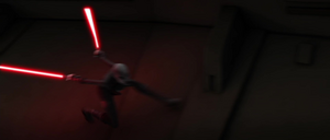 Asajj runs on the wall towards Dooku.