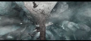 Blackbeard's demise as he and his crew fall into the bottomless waterfall.