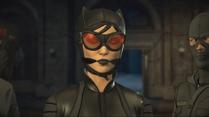 Catwoman bound, gagged, and is held hostage by the Pact at the abandoned Old Five Points subway station in Episode Three: Fractured Mask.