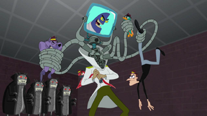 Parenthesis manages to capture Perry, Dr. Doofenshmirtz, Harry the Hyena, and Maggie the Macaw.