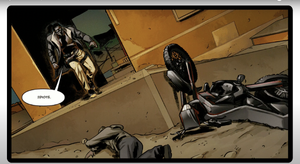 Rott sees his henchmen shot by Rosa before he takes a motorcycle.